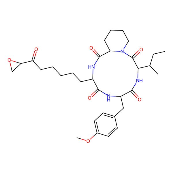 2D Structure of Cyclo(O-methyltyrosine-L-isoleucine-L-pipecolic acid-2-amino-8-oxo-9,10-epoxydecanoic acid)