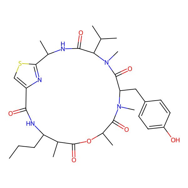 2D Structure of (2S,5S,11S,14R,15R)-8-[(4-hydroxyphenyl)methyl]-2,6,9,11,14-pentamethyl-5-propan-2-yl-15-propyl-12-oxa-20-thia-3,6,9,16,21-pentazabicyclo[16.2.1]henicosa-1(21),18-diene-4,7,10,13,17-pentone