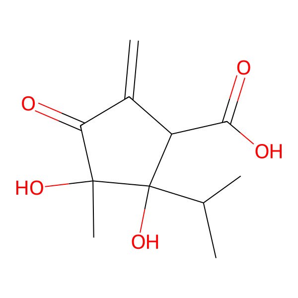 2D Structure of Cyclopentanecarboxylic acid, 2,3-dihydroxy-2-isopropyl-3-methyl-5-methylene-4-oxo-, (+)-