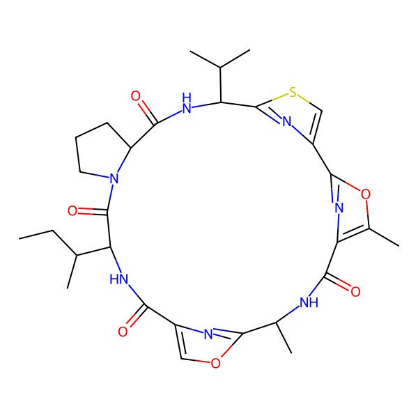 2D Structure of (8S,15S,21S,24S)-15-[(2R)-butan-2-yl]-4,8-dimethyl-24-propan-2-yl-3,10-dioxa-26-thia-7,14,17,23,28,29,30-heptazapentacyclo[23.2.1.12,5.19,12.017,21]triaconta-1(27),2(30),4,9(29),11,25(28)-hexaene-6,13,16,22-tetrone
