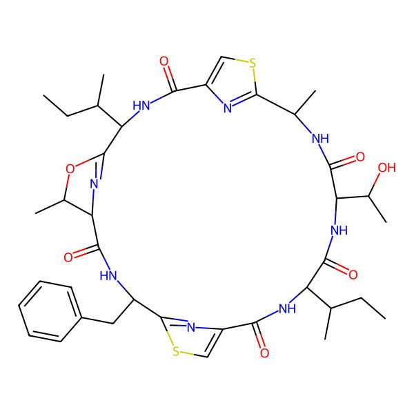 2D Structure of (4S,7R,8S,11R,18R,21S,24R)-11-benzyl-4,18-bis[(2S)-butan-2-yl]-21-[(1R)-1-hydroxyethyl]-7,24-dimethyl-6-oxa-13,26-dithia-3,10,17,20,23,28,29,30-octazatetracyclo[23.2.1.15,8.112,15]triaconta-1(27),5(30),12(29),14,25(28)-pentaene-2,9,16,19,22-pentone