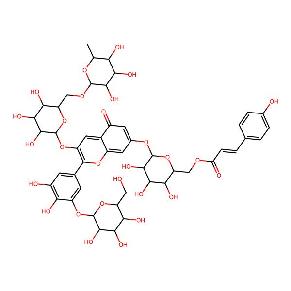 2D Structure of [(2S,3S,4S,5R,6S)-6-[2-[3,4-dihydroxy-5-[(2S,3R,4S,5S,6R)-3,4,5-trihydroxy-6-(hydroxymethyl)oxan-2-yl]oxyphenyl]-5-oxo-3-[(2S,3R,4S,5S,6R)-3,4,5-trihydroxy-6-[[(2R,3S,4S,5R,6S)-3,4,5-trihydroxy-6-methyloxan-2-yl]oxymethyl]oxan-2-yl]oxychromen-7-yl]oxy-3,4,5-trihydroxyoxan-2-yl]methyl 3-(4-hydroxyphenyl)prop-2-enoate
