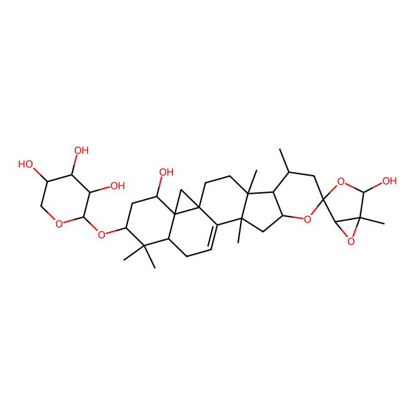 2D Structure of (2S,3R,4S,5R)-2-[(1S,1'S,4R,4'R,5R,5'R,6'R,10'S,12'R,16'S,18'S,20'S,21'S)-2,20'-dihydroxy-1,4',6',12',17',17'-hexamethylspiro[3,6-dioxabicyclo[3.1.0]hexane-4,8'-9-oxahexacyclo[11.9.0.01,21.04,12.05,10.016,21]docos-13-ene]-18'-yl]oxyoxane-3,4,5-triol