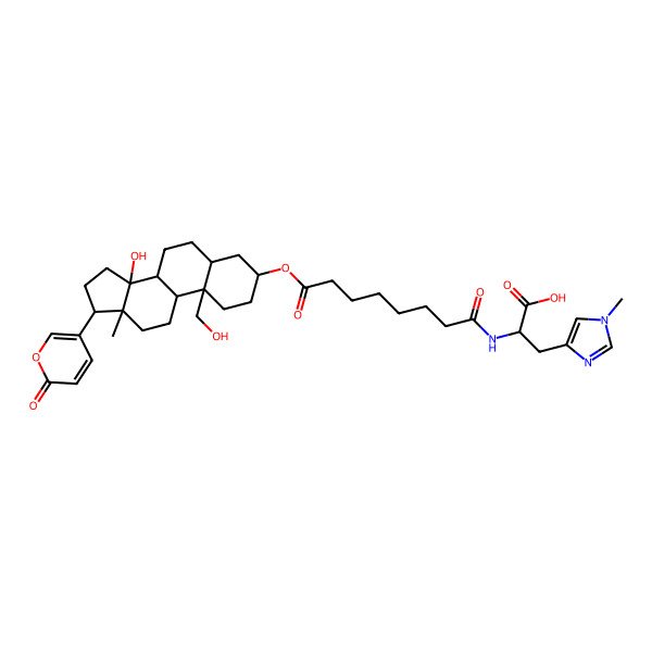 2D Structure of (2S)-2-[[8-[[(3S,5R,8R,9S,10R,13R,14S,17R)-14-hydroxy-10-(hydroxymethyl)-13-methyl-17-(6-oxopyran-3-yl)-1,2,3,4,5,6,7,8,9,11,12,15,16,17-tetradecahydrocyclopenta[a]phenanthren-3-yl]oxy]-8-oxooctanoyl]amino]-3-(1-methylimidazol-4-yl)propanoic acid