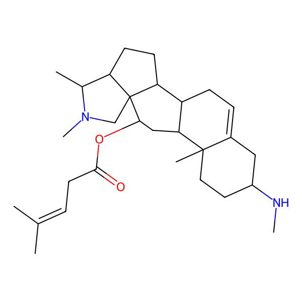2D Structure of [6,7,13-Trimethyl-16-(methylamino)-7-azapentacyclo[10.8.0.02,9.05,9.013,18]icos-18-en-10-yl] 4-methylpent-3-enoate