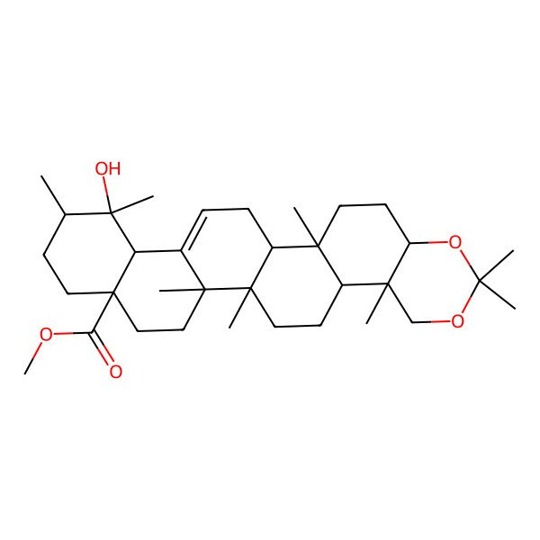 2D Structure of methyl (1R,2R,5S,10R,11R,14R,15S,18S,21R,22R,23S)-22-hydroxy-2,7,7,10,14,15,21,22-octamethyl-6,8-dioxahexacyclo[12.12.0.02,11.05,10.015,24.018,23]hexacos-24-ene-18-carboxylate
