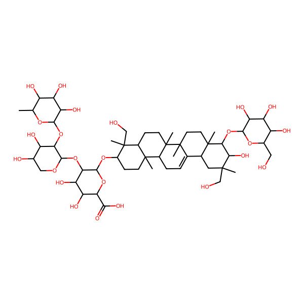 2D Structure of (2S,3S,4S,5R,6R)-6-[[(3S,4S,4aR,6aR,6bS,8aR,9S,10S,11R,12aS,14aR,14bR)-10-hydroxy-4,11-bis(hydroxymethyl)-4,6a,6b,8a,11,14b-hexamethyl-9-[(2R,3R,4S,5S,6R)-3,4,5-trihydroxy-6-(hydroxymethyl)oxan-2-yl]oxy-1,2,3,4a,5,6,7,8,9,10,12,12a,14,14a-tetradecahydropicen-3-yl]oxy]-5-[(2S,3R,4S,5R)-4,5-dihydroxy-3-[(2S,3R,4R,5R,6S)-3,4,5-trihydroxy-6-methyloxan-2-yl]oxyoxan-2-yl]oxy-3,4-dihydroxyoxane-2-carboxylic acid