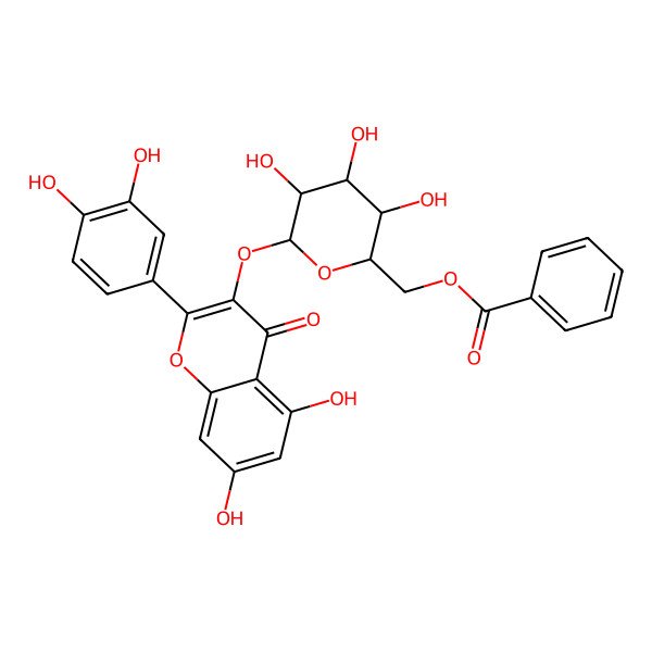 2D Structure of [(2R,3R,4S,5R,6S)-6-[2-(3,4-dihydroxyphenyl)-5,7-dihydroxy-4-oxochromen-3-yl]oxy-3,4,5-trihydroxyoxan-2-yl]methyl benzoate