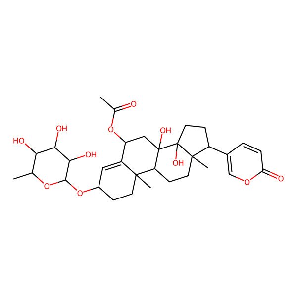 2D Structure of [8,14-dihydroxy-10,13-dimethyl-17-(6-oxopyran-3-yl)-3-(3,4,5-trihydroxy-6-methyloxan-2-yl)oxy-2,3,6,7,9,11,12,15,16,17-decahydro-1H-cyclopenta[a]phenanthren-6-yl] acetate