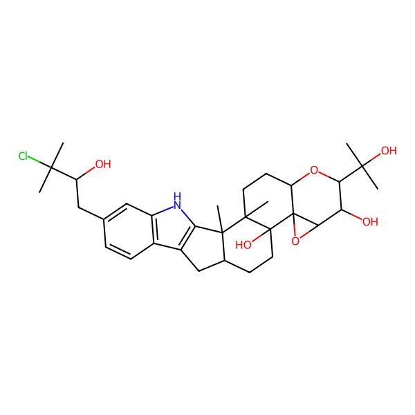 2D Structure of 21-(3-Chloro-2-hydroxy-3-methylbutyl)-7-(2-hydroxypropan-2-yl)-1,2-dimethyl-6,10-dioxa-24-azaheptacyclo[13.10.0.02,12.05,11.09,11.017,25.018,23]pentacosa-17(25),18(23),19,21-tetraene-8,12-diol