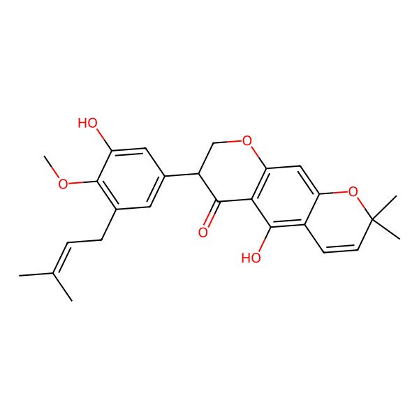 2D Structure of 5-Hydroxy-7-[3-hydroxy-4-methoxy-5-(3-methylbut-2-enyl)phenyl]-2,2-dimethyl-7,8-dihydropyrano[3,2-g]chromen-6-one