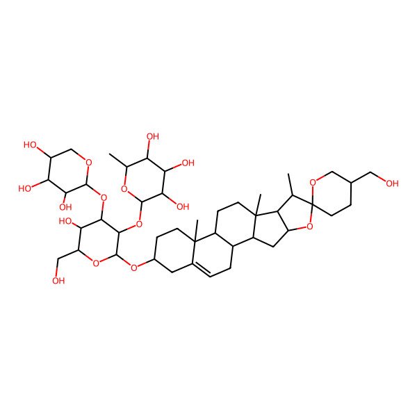 2D Structure of (2S,3R,4R,5R,6S)-2-[(2R,3R,4S,5R,6R)-5-hydroxy-6-(hydroxymethyl)-2-[(1S,2S,4S,5'S,6R,7S,8R,9S,12S,13R,16S)-5'-(hydroxymethyl)-7,9,13-trimethylspiro[5-oxapentacyclo[10.8.0.02,9.04,8.013,18]icos-18-ene-6,2'-oxane]-16-yl]oxy-4-[(2S,3R,4S,5S)-3,4,5-trihydroxyoxan-2-yl]oxyoxan-3-yl]oxy-6-methyloxane-3,4,5-triol