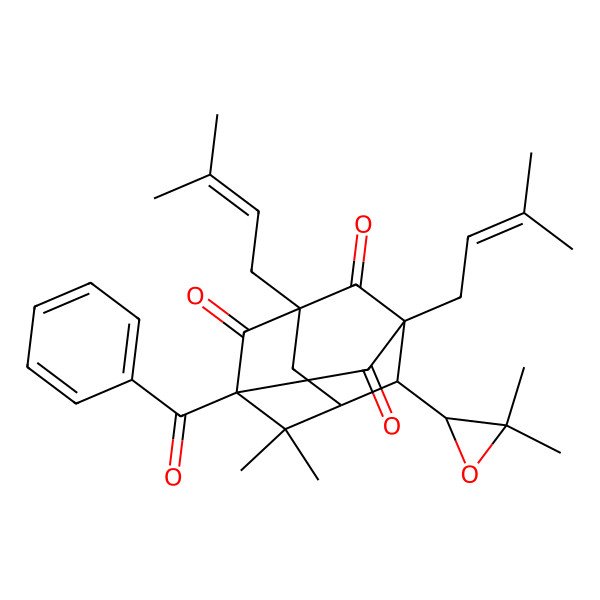 2D Structure of (1S,3R,5S,7S,8S)-5-benzoyl-8-[(2R)-3,3-dimethyloxiran-2-yl]-6,6-dimethyl-1,3-bis(3-methylbut-2-enyl)adamantane-2,4,9-trione
