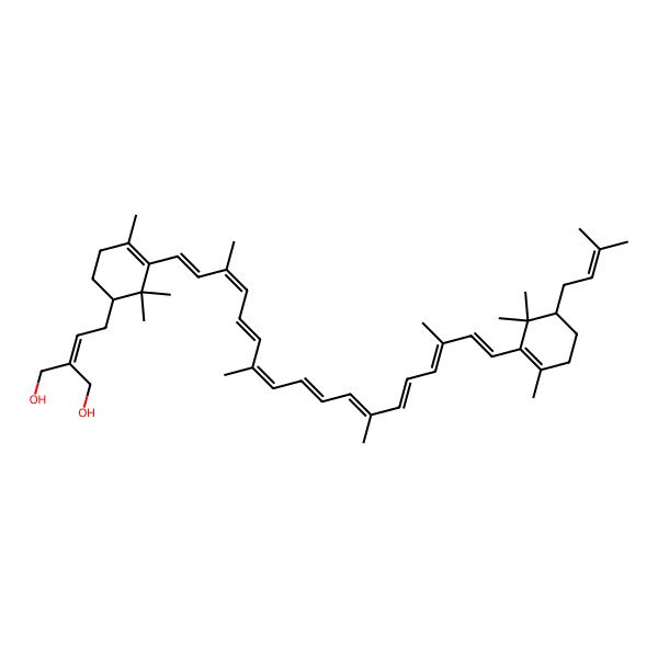 2D Structure of 2-[2-[(1S)-2,2,4-trimethyl-3-[(1E,3E,5E,7E,9E,11E,13E,15E,17E)-3,7,12,16-tetramethyl-18-[(5R)-2,6,6-trimethyl-5-(3-methylbut-2-enyl)cyclohexen-1-yl]octadeca-1,3,5,7,9,11,13,15,17-nonaenyl]cyclohex-3-en-1-yl]ethylidene]propane-1,3-diol
