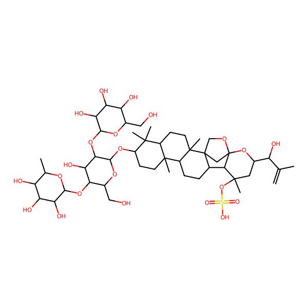 2D Structure of [(1S,2R,5S,7S,10R,11R,14R,15S,16S,18R,20S)-7-[(2R,3R,4S,5S,6R)-4-hydroxy-6-(hydroxymethyl)-3-[(2S,3R,4S,5S,6R)-3,4,5-trihydroxy-6-(hydroxymethyl)oxan-2-yl]oxy-5-[(2S,3R,4R,5R,6S)-3,4,5-trihydroxy-6-methyloxan-2-yl]oxyoxan-2-yl]oxy-18-[(1R)-1-hydroxy-2-methylprop-2-enyl]-2,6,6,10,16-pentamethyl-19,21-dioxahexacyclo[18.2.1.01,14.02,11.05,10.015,20]tricosan-16-yl] hydrogen sulfate