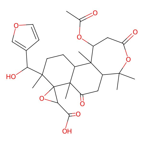 2D Structure of (1R,7aR,9S,11bR)-1-acetyloxy-9-[(S)-furan-3-yl(hydroxy)methyl]-5,5,7a,9,11b-pentamethyl-3,7-dioxospiro[2,5a,6,10,11,11a-hexahydro-1H-naphtho[2,1-c]oxepine-8,3'-oxirane]-2'-carboxylic acid