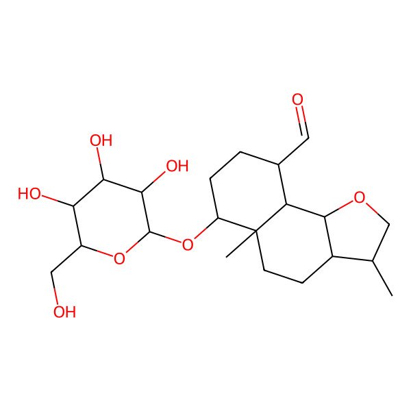 2D Structure of (3S,3aS,5aR,6R,9R,9aS,9bS)-3,5a-dimethyl-6-[(2R,3R,4S,5S,6R)-3,4,5-trihydroxy-6-(hydroxymethyl)oxan-2-yl]oxy-3,3a,4,5,6,7,8,9,9a,9b-decahydro-2H-benzo[g][1]benzofuran-9-carbaldehyde