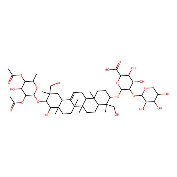 2D Structure of (2S,3S,4S,5R,6R)-6-[[(3S,4R,4aR,6aR,6bS,8aR,9S,10R,11R,12aS,14aR,14bR)-10-[(2S,3R,4R,5R,6S)-3,5-diacetyloxy-4-hydroxy-6-methyloxan-2-yl]oxy-9-hydroxy-4,11-bis(hydroxymethyl)-4,6a,6b,8a,11,14b-hexamethyl-1,2,3,4a,5,6,7,8,9,10,12,12a,14,14a-tetradecahydropicen-3-yl]oxy]-3,4-dihydroxy-5-[(2S,3R,4S,5R)-3,4,5-trihydroxyoxan-2-yl]oxyoxane-2-carboxylic acid
