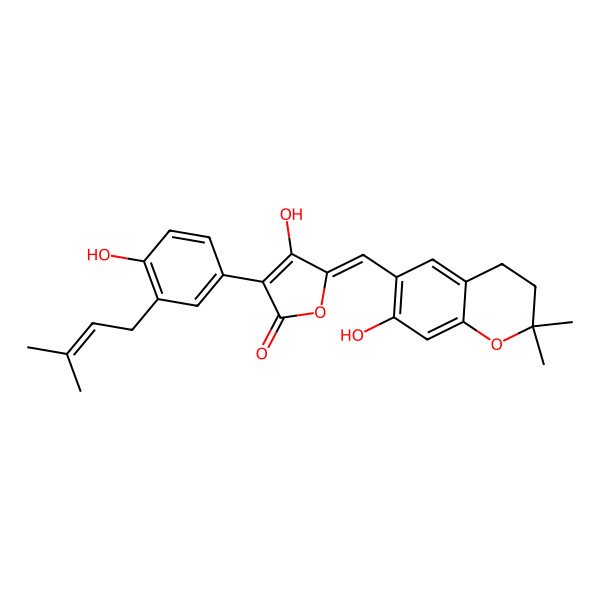 2D Structure of 4-Hydroxy-5-[(7-hydroxy-2,2-dimethyl-3,4-dihydrochromen-6-yl)methylidene]-3-[4-hydroxy-3-(3-methylbut-2-enyl)phenyl]furan-2-one