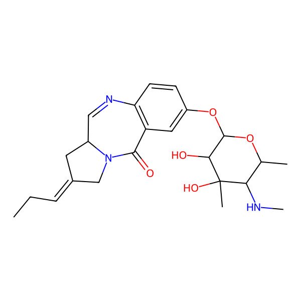 2D Structure of (6aR,8Z)-2-[(2S,3S,4R,5S,6S)-3,4-dihydroxy-4,6-dimethyl-5-(methylamino)oxan-2-yl]oxy-8-propylidene-7,9-dihydro-6aH-pyrrolo[2,1-c][1,4]benzodiazepin-11-one