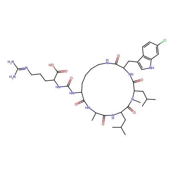 2D Structure of 2-[[3-[(6-chloro-1H-indol-3-yl)methyl]-7,12-dimethyl-6,9-bis(2-methylpropyl)-2,5,8,11,14-pentaoxo-1,4,7,10,13-pentazacyclononadec-15-yl]carbamoylamino]-5-(diaminomethylideneamino)pentanoic acid