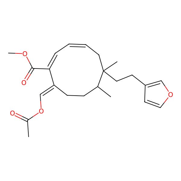 2D Structure of methyl (1E,3Z,6R,7R,10Z)-10-(acetyloxymethylidene)-6-[2-(furan-3-yl)ethyl]-6,7-dimethylcyclodeca-1,3-diene-1-carboxylate