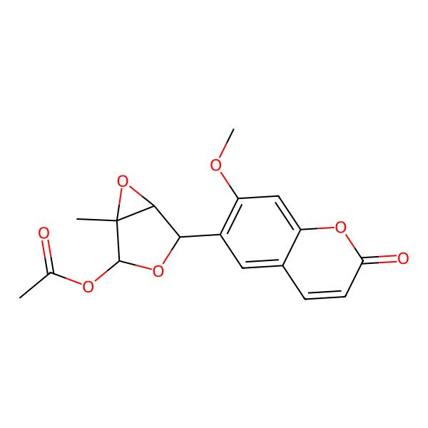 2D Structure of rel-(1S,2S,4S,5S)-4-(7-Methoxy-2-oxo-2H-chromen-6-yl)-1-methyl-3,6-dioxabicyclo[3.1.0]hexan-2-yl acetate