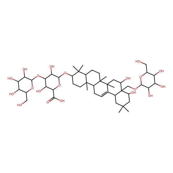 2D Structure of (2S,3S,4S,5R,6R)-6-[[(3S,4aR,6aR,6bS,8S,8aS,9S,12aS,14aR,14bR)-8,9-dihydroxy-4,4,6a,6b,11,11,14b-heptamethyl-8a-[[(2S,3R,4S,5S,6R)-3,4,5-trihydroxy-6-(hydroxymethyl)oxan-2-yl]oxymethyl]-1,2,3,4a,5,6,7,8,9,10,12,12a,14,14a-tetradecahydropicen-3-yl]oxy]-3,5-dihydroxy-4-[(2S,3R,4S,5S,6R)-3,4,5-trihydroxy-6-(hydroxymethyl)oxan-2-yl]oxyoxane-2-carboxylic acid