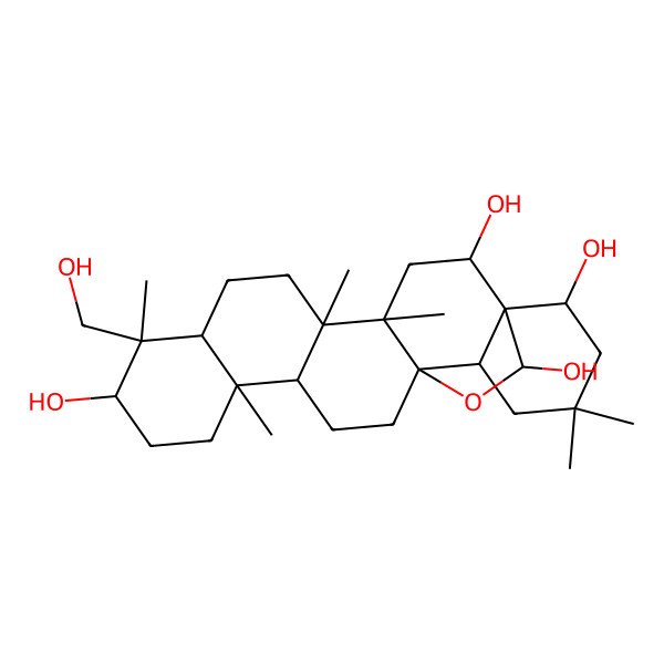 2D Structure of 9-(Hydroxymethyl)-4,5,9,13,20,20-hexamethyl-24-oxahexacyclo[15.5.2.01,18.04,17.05,14.08,13]tetracosane-2,10,22,23-tetrol