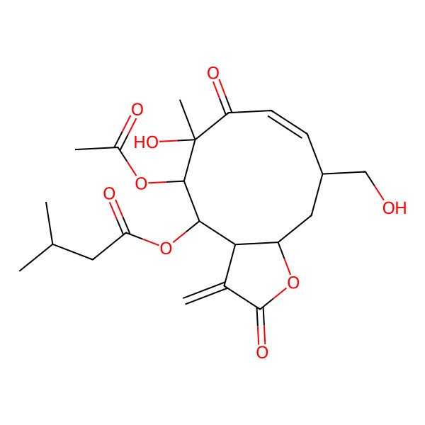 2D Structure of [(3aS,4S,5R,6R,8Z,10R,11aR)-5-acetyloxy-6-hydroxy-10-(hydroxymethyl)-6-methyl-3-methylidene-2,7-dioxo-3a,4,5,10,11,11a-hexahydrocyclodeca[b]furan-4-yl] 3-methylbutanoate