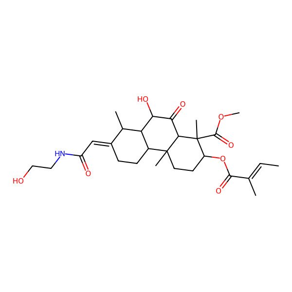 2D Structure of Methyl 9-hydroxy-7-[2-(2-hydroxyethylamino)-2-oxoethylidene]-1,4a,8-trimethyl-2-(2-methylbut-2-enoyloxy)-10-oxo-2,3,4,4b,5,6,8,8a,9,10a-decahydrophenanthrene-1-carboxylate