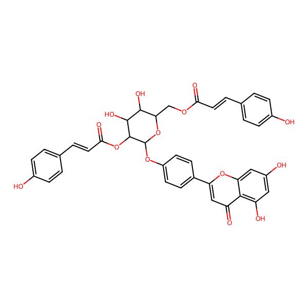 2D Structure of [(2S,3R,4R,5S,6R)-6-[4-(5,7-dihydroxy-4-oxochromen-2-yl)phenoxy]-3,4-dihydroxy-5-[(E)-3-(4-hydroxyphenyl)prop-2-enoyl]oxyoxan-2-yl]methyl (E)-3-(4-hydroxyphenyl)prop-2-enoate