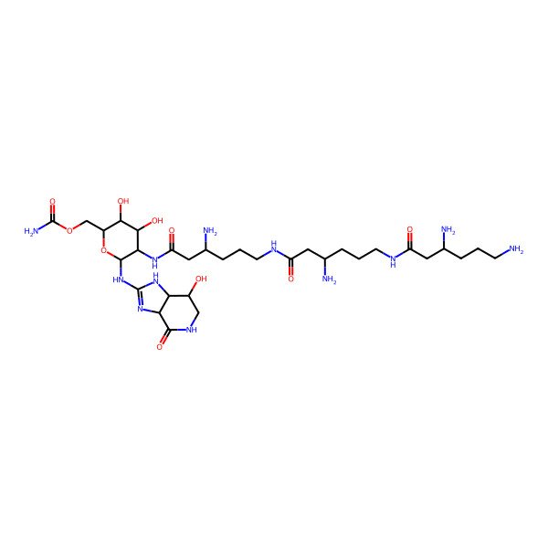 2D Structure of [5-[[3-Amino-6-[[3-amino-6-(3,6-diaminohexanoylamino)hexanoyl]amino]hexanoyl]amino]-3,4-dihydroxy-6-[(7-hydroxy-4-oxo-1,3a,5,6,7,7a-hexahydroimidazo[4,5-c]pyridin-2-yl)amino]oxan-2-yl]methyl carbamate