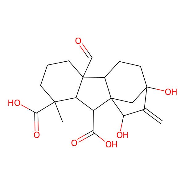 2D Structure of (1S,2S,3S,4R,8R,9R,12S,14S)-8-formyl-12,14-dihydroxy-4-methyl-13-methylidenetetracyclo[10.2.1.01,9.03,8]pentadecane-2,4-dicarboxylic acid