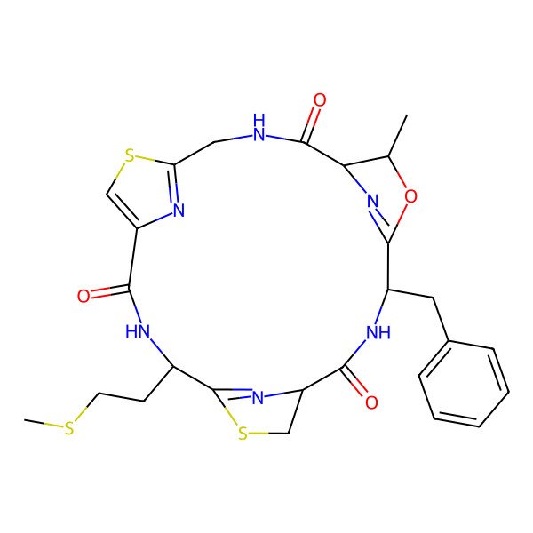 2D Structure of 4-Benzyl-7-methyl-18-(2-methylsulfanylethyl)-6-oxa-13,20-dithia-3,10,17,22,23,24-hexazatetracyclo[17.2.1.15,8.112,15]tetracosa-5(24),12(23),14,19(22)-tetraene-2,9,16-trione