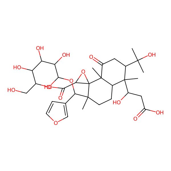 2D Structure of (2'S,3S,4R,4aR,7R,8R,8aR)-8-[(1R)-2-carboxy-1-hydroxyethyl]-3-[(S)-furan-3-yl-[(2R,3R,4S,5S,6R)-3,4,5-trihydroxy-6-(hydroxymethyl)oxan-2-yl]oxymethyl]-7-(2-hydroxypropan-2-yl)-3,4a,8-trimethyl-5-oxospiro[2,6,7,8a-tetrahydro-1H-naphthalene-4,3'-oxirane]-2'-carboxylic acid