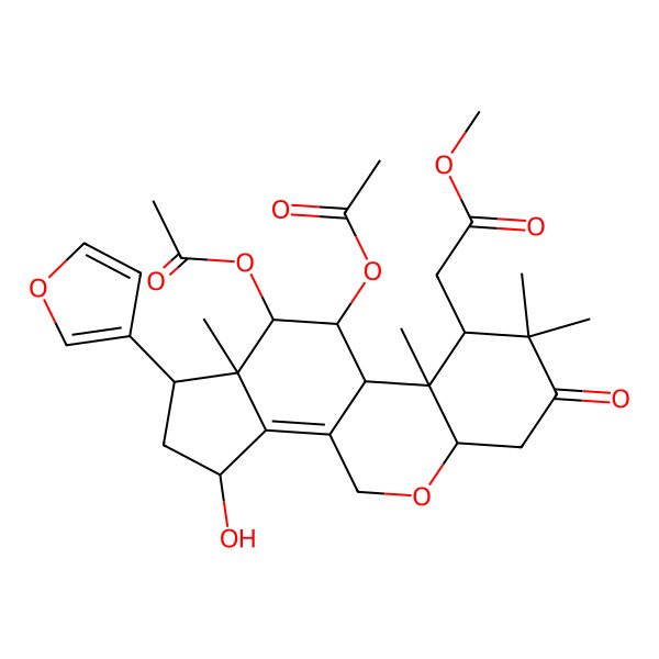 2D Structure of methyl 2-[(1S,3R,5aS,9R,9aS,9bS,10R,11R,11aS)-10,11-diacetyloxy-1-(furan-3-yl)-3-hydroxy-8,8,9a,11a-tetramethyl-7-oxo-1,2,3,4,5a,6,9,9b,10,11-decahydroindeno[4,5-c]chromen-9-yl]acetate