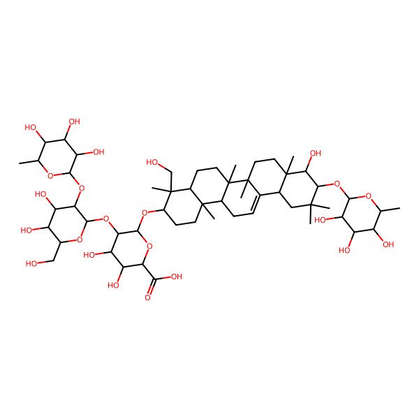 2D Structure of (2S,3S,4S,5R,6R)-6-[[(3S,4S,4aR,6aR,6bS,8aR,9S,10R,12aS,14aR,14bR)-9-hydroxy-4-(hydroxymethyl)-4,6a,6b,8a,11,11,14b-heptamethyl-10-[(2S,3R,4R,5R,6S)-3,4,5-trihydroxy-6-methyloxan-2-yl]oxy-1,2,3,4a,5,6,7,8,9,10,12,12a,14,14a-tetradecahydropicen-3-yl]oxy]-5-[(2S,3R,4S,5R,6R)-4,5-dihydroxy-6-(hydroxymethyl)-3-[(2S,3R,4R,5R,6S)-3,4,5-trihydroxy-6-methyloxan-2-yl]oxyoxan-2-yl]oxy-3,4-dihydroxyoxane-2-carboxylic acid