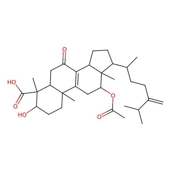 2D Structure of 12-acetyloxy-3-hydroxy-4,10,13-trimethyl-17-(6-methyl-5-methylideneheptan-2-yl)-7-oxo-2,3,5,6,11,12,14,15,16,17-decahydro-1H-cyclopenta[a]phenanthrene-4-carboxylic acid