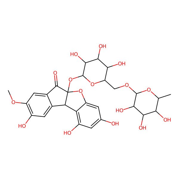 2D Structure of (5aR,10bR)-1,3,9-trihydroxy-8-methoxy-5a-[(2S,3R,4S,5S,6R)-3,4,5-trihydroxy-6-[[(2R,3R,4R,5R,6S)-3,4,5-trihydroxy-6-methyloxan-2-yl]oxymethyl]oxan-2-yl]oxy-10bH-indeno[2,1-b][1]benzofuran-6-one