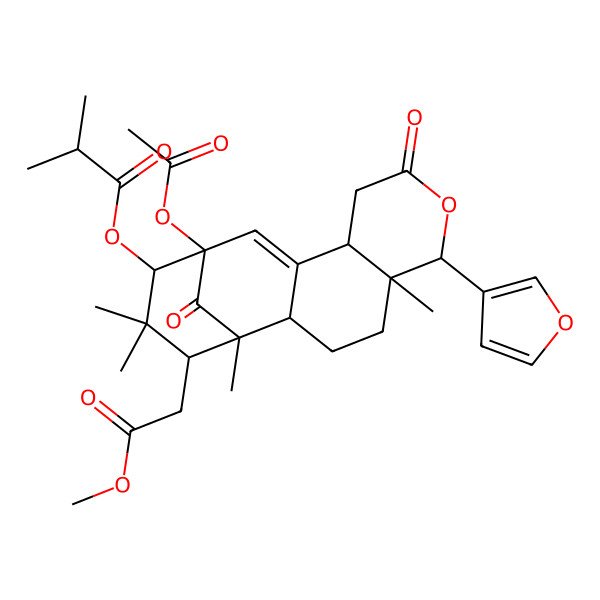 2D Structure of [(1R,5R,6R,13R,14S,16S)-13-acetyloxy-6-(furan-3-yl)-16-(2-methoxy-2-oxoethyl)-1,5,15,15-tetramethyl-8,17-dioxo-7-oxatetracyclo[11.3.1.02,11.05,10]heptadec-11-en-14-yl] 2-methylpropanoate