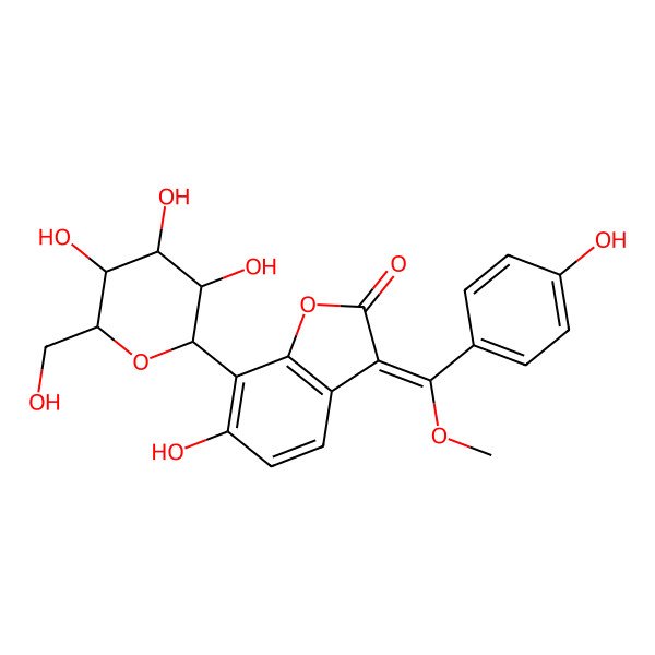 2D Structure of 6-Hydroxy-3-[(4-hydroxyphenyl)-methoxymethylidene]-7-[3,4,5-trihydroxy-6-(hydroxymethyl)oxan-2-yl]-1-benzofuran-2-one
