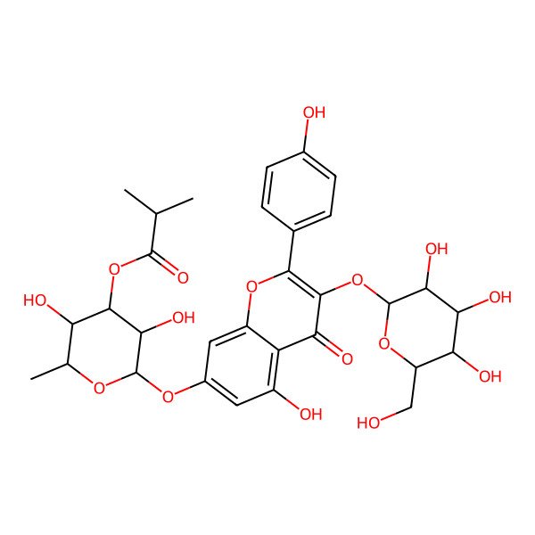 2D Structure of [(2S,3R,4R,5S,6S)-3,5-dihydroxy-2-[5-hydroxy-2-(4-hydroxyphenyl)-4-oxo-3-[(2S,3R,4S,5S,6R)-3,4,5-trihydroxy-6-(hydroxymethyl)oxan-2-yl]oxychromen-7-yl]oxy-6-methyloxan-4-yl] 2-methylpropanoate