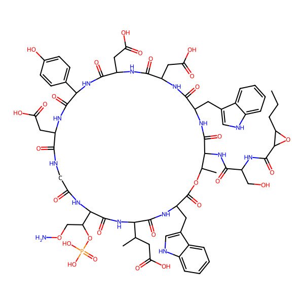 2D Structure of 3-[(6S,9R,15S,18R,21S,24S,27R,30S,31R)-9-[(1S)-2-aminooxy-1-phosphonooxyethyl]-15,21,24-tris(carboxymethyl)-18-(4-hydroxyphenyl)-30-[[(2S)-3-hydroxy-2-[(3-propyloxirane-2-carbonyl)amino]propanoyl]amino]-3,27-bis(1H-indol-3-ylmethyl)-31-methyl-2,5,8,11,14,17,20,23,26,29-decaoxo-1-oxa-4,7,10,13,16,19,22,25,28-nonazacyclohentriacont-6-yl]butanoic acid
