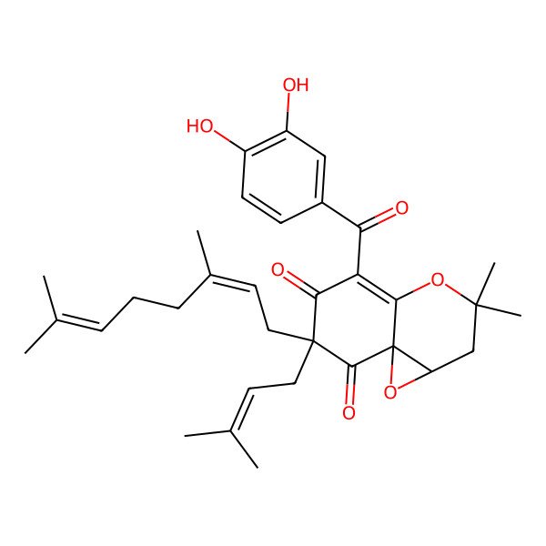 2D Structure of 5-(3,4-Dihydroxybenzoyl)-7-(3,7-dimethylocta-2,6-dienyl)-3,3-dimethyl-7-(3-methylbut-2-enyl)-1a,2-dihydrooxireno[2,3-d]chromene-6,8-dione