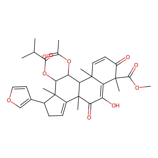2D Structure of methyl 11-acetyloxy-17-(furan-3-yl)-6-hydroxy-4,8,10,13-tetramethyl-12-(2-methylpropanoyloxy)-3,7-dioxo-11,12,16,17-tetrahydro-9H-cyclopenta[a]phenanthrene-4-carboxylate