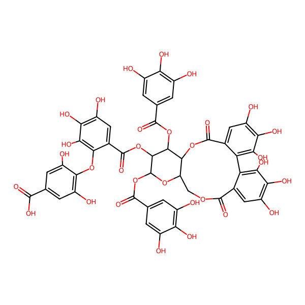2D Structure of 4-[6-[[(10R,12S,13S)-3,4,5,21,22,23-hexahydroxy-8,18-dioxo-11,13-bis[(3,4,5-trihydroxybenzoyl)oxy]-9,14,17-trioxatetracyclo[17.4.0.02,7.010,15]tricosa-1(23),2,4,6,19,21-hexaen-12-yl]oxycarbonyl]-2,3,4-trihydroxyphenoxy]-3,5-dihydroxybenzoic acid