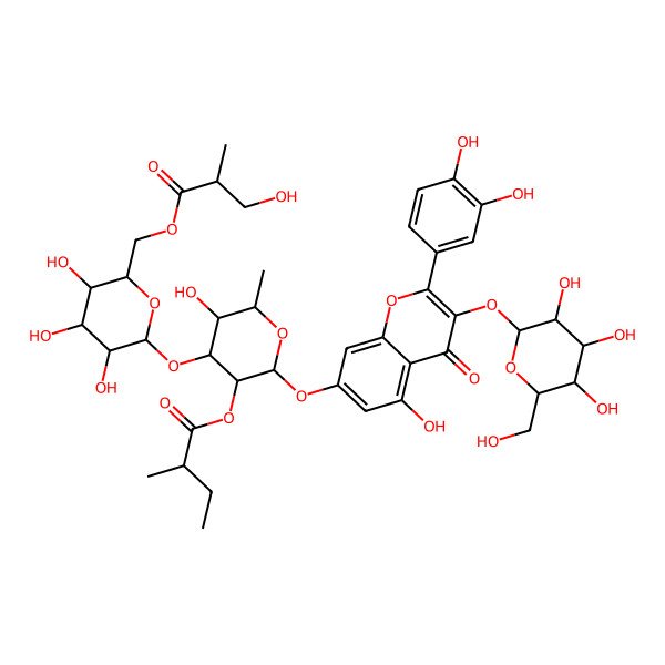 2D Structure of [(2S,3R,4R,5S,6S)-2-[2-(3,4-dihydroxyphenyl)-5-hydroxy-4-oxo-3-[(2S,3R,4S,5S,6R)-3,4,5-trihydroxy-6-(hydroxymethyl)oxan-2-yl]oxychromen-7-yl]oxy-5-hydroxy-6-methyl-4-[(2S,3R,4S,5S,6R)-3,4,5-trihydroxy-6-[[(2S)-3-hydroxy-2-methylpropanoyl]oxymethyl]oxan-2-yl]oxyoxan-3-yl] (2S)-2-methylbutanoate