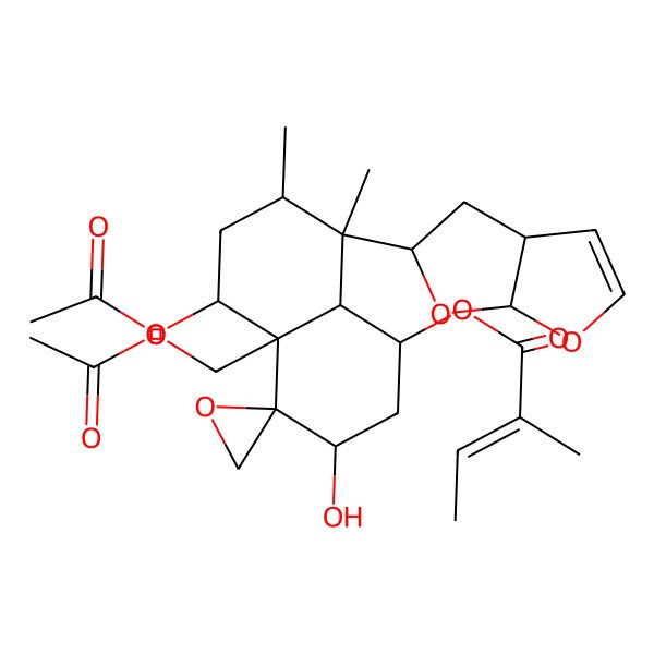 2D Structure of [(1R,3S,4R,4aR,5S,7R,8S,8aR)-8-[(3aS,5S,6aR)-3a,4,5,6a-tetrahydrofuro[2,3-b]furan-5-yl]-5-acetyloxy-4a-(acetyloxymethyl)-3-hydroxy-7,8-dimethylspiro[2,3,5,6,7,8a-hexahydro-1H-naphthalene-4,2'-oxirane]-1-yl] (E)-2-methylbut-2-enoate