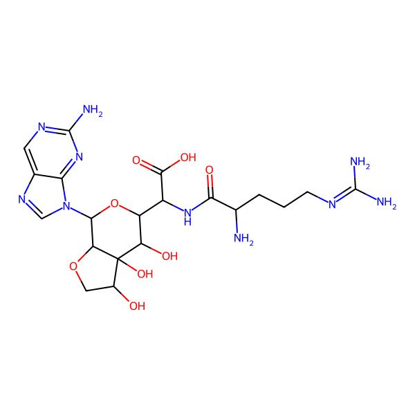 2D Structure of 2-[(3S,3aS,4R,5R,7R,7aR)-7-(2-aminopurin-9-yl)-3,3a,4-trihydroxy-2,3,4,5,7,7a-hexahydrofuro[2,3-c]pyran-5-yl]-2-[[2-amino-5-(diaminomethylideneamino)pentanoyl]amino]acetic acid